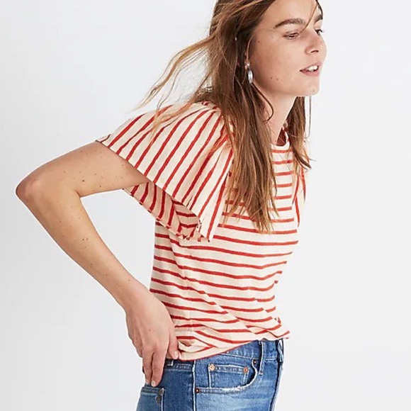 Madewell sz XS Flutter-Sleeve Tee top in Yorktown Stripe beige red striped - Picture 16 of 16